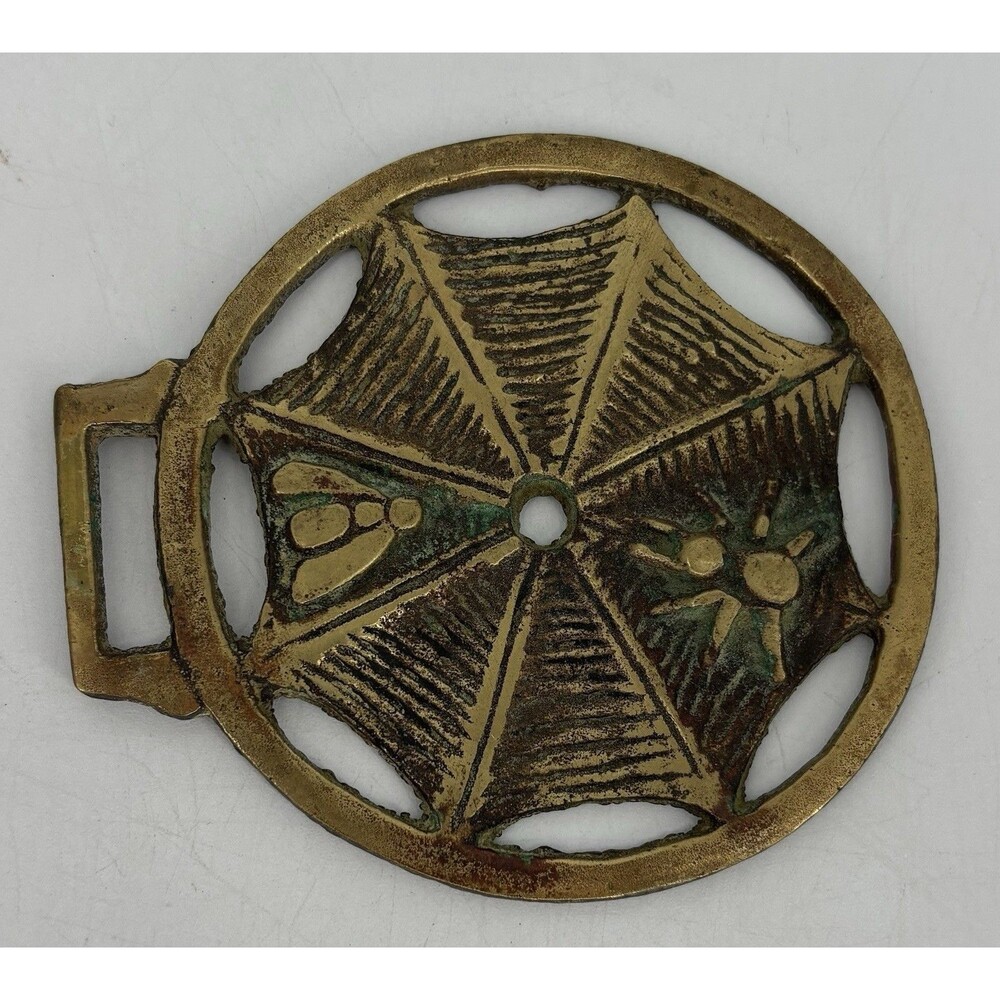 Brass Horse Medallion Vintage English Spider Web Fly Insect Parade Show Harness